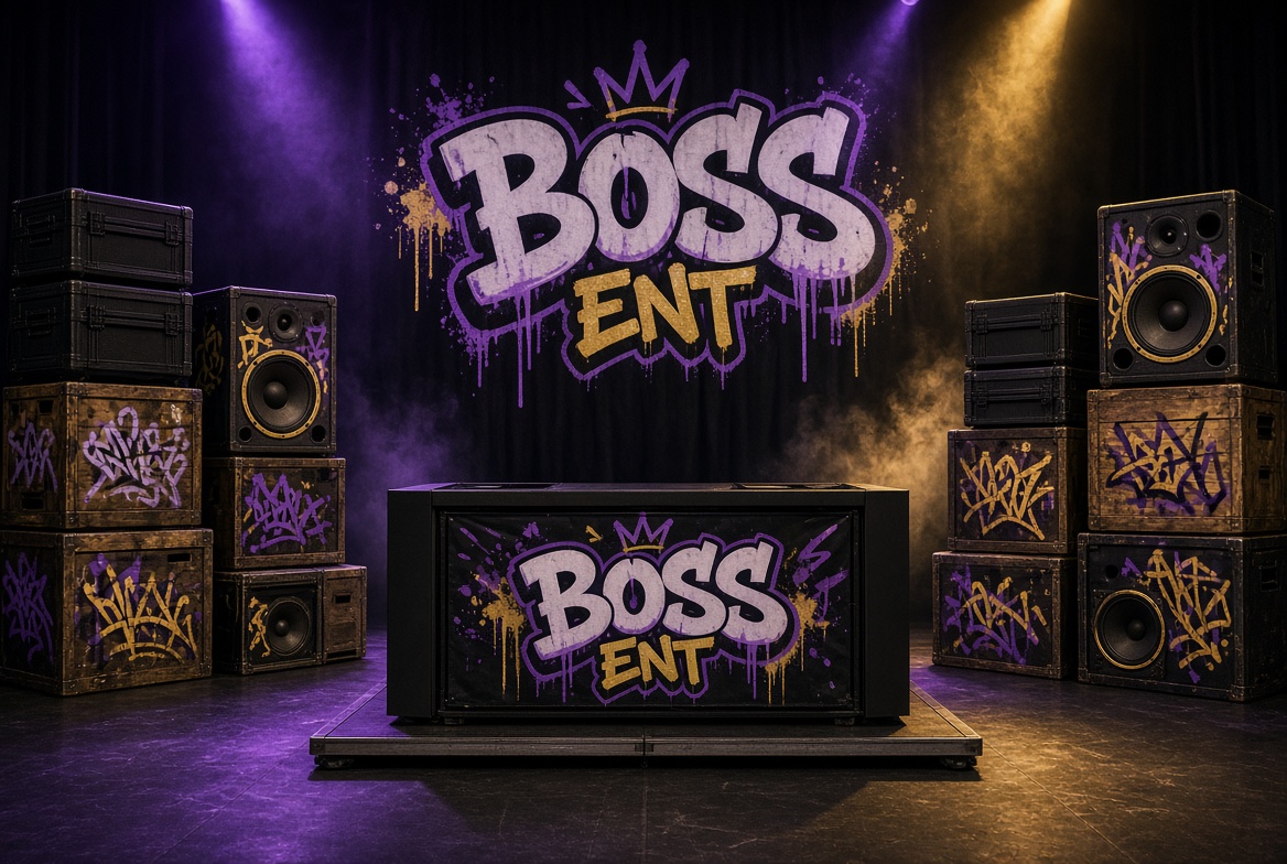 BOSS ENT modular stage setup with graffiti crate stacks and DJ platform