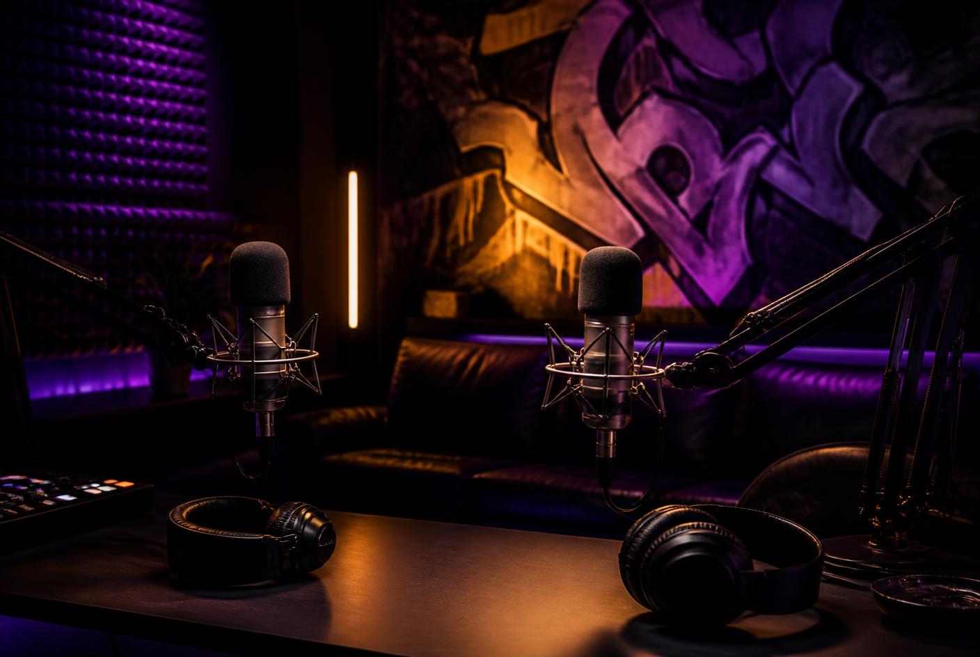 BOSS ENT recording and podcast room with condenser microphones and purple lighting