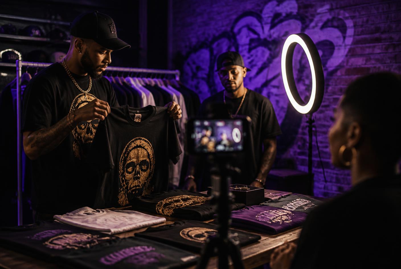 BOSS ENT live shopping stream with merch and purple lighting